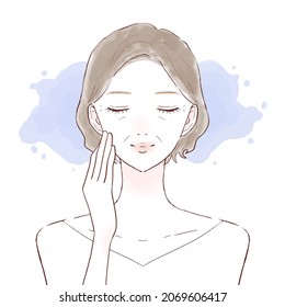 Middle-aged woman moisturizing skin. On white background.