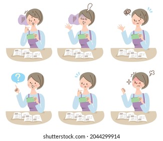 Middle-aged woman operating a smartphone Negative facial expression set