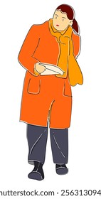 A middle-aged woman in an orange coat with the papers in her hands. Hand drawn simple sketch. Cartoon flat style vector illustration. 