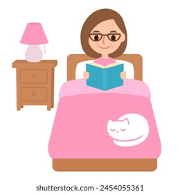 Middle-aged woman reading book in bed with sleeping cat. Cute cartoon vector illustration. Bedtime relaxation routine.
