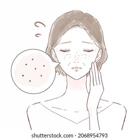 Middle-aged woman suffering from darkening pores. On white background.