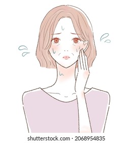 Middle-aged woman suffering from hyperhidrosis. On white background.