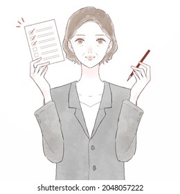 Middle-aged woman in suit with checklist. On white background.