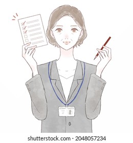 Middle-aged woman in suit with checklist. On white background.