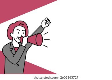 Middle-aged woman in a suit cheering with a megaphone