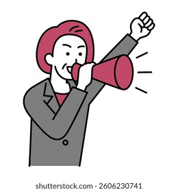 Middle-aged woman in a suit cheering with a megaphone