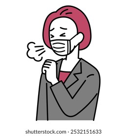 Middle-aged woman in a suit coughing while wearing a mask