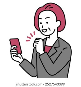 Middle-aged woman in a suit doing a fist pump while looking at her smartphone screen