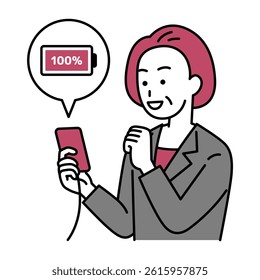 Middle-aged woman in a suit is happy to be able to charge her smartphone