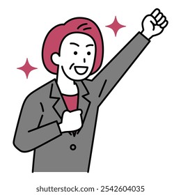 Middle-aged woman in a suit is happy with a fist pump