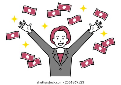 Middle-aged woman in a suit is happy to get a lot of money