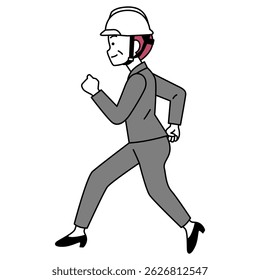 Middle-aged woman in a suit and helmet running (sideways)