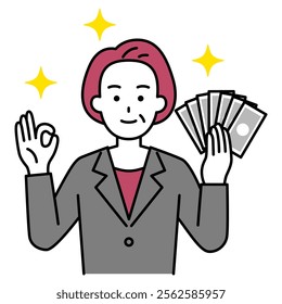 Middle-aged woman in a suit holding money and making an OK sign