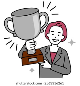 Middle-aged woman in a suit holding a silver trophy