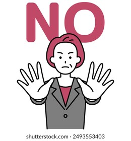 middle-aged woman in a suit holds both hands and says NO