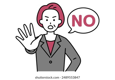 Middle-aged woman in a suit holds his right hand forward to say NO