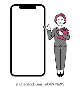 Middle-aged woman in a suit and a large white screen smartphone