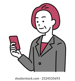 Middle-aged woman in a suit looking at a smartphone in his right hand