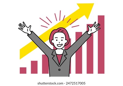 A middle-aged woman in a suit rejoicing with her hands raised as she watches a growing graph
