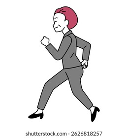 Middle-aged woman in a suit running (sideways)