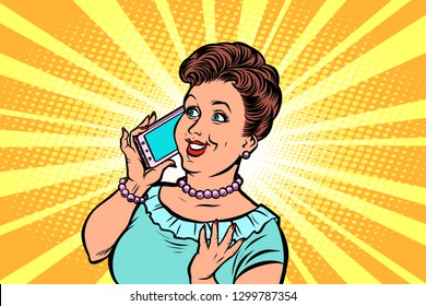 middle-aged woman talking on the phone. Comic cartoon pop art retro vector illustration hand drawing