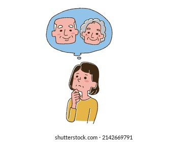 Middle-aged woman thinking about caring for her elderly parents Comical handwritten person Vector, line drawing and color