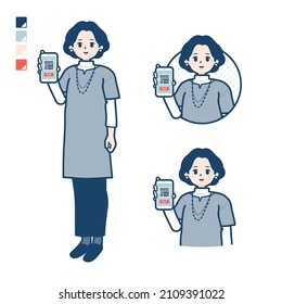 Middle-aged woman in a tunic with cashless payment on smartphone images.It's vector art so it's easy to edit.