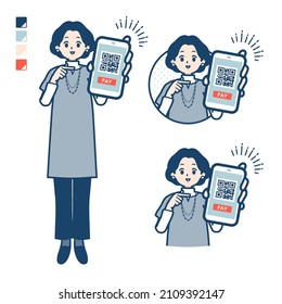 Middle-aged woman in a tunic with cashless payment on smartphone images.It's vector art so it's easy to edit.