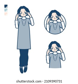 Middle-aged woman in a tunic with cry images.It's vector art so it's easy to edit.