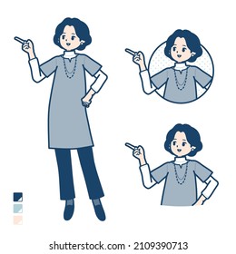 Middle-aged woman in a tunic with Explanation Pointing images.It's vector art so it's easy to edit.