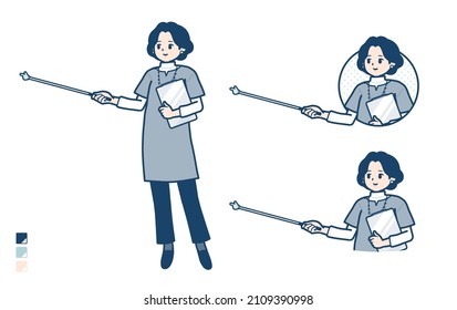 Middle-aged woman in a tunic with Explanation with a pointing stick images.It's vector art so it's easy to edit.