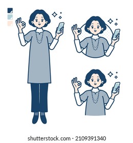 Middle-aged woman in a tunic with Holding a smartphone and doing an OK sign images.It's vector art so it's easy to edit.