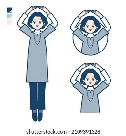 Middle-aged woman in a tunic with Making a circle with arms images.It's vector art so it's easy to edit.