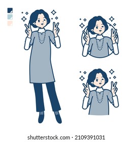 Middle-aged woman in a tunic with Peace sign images.It's vector art so it's easy to edit.