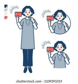 Middle-aged woman in a tunic with pointing at credit card images.It's vector art so it's easy to edit.