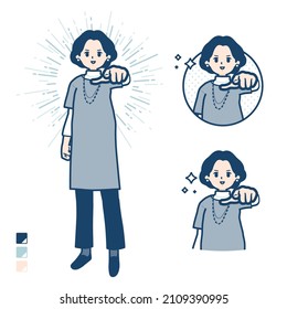 Middle-aged woman in a tunic with Pointing to the front images.It's vector art so it's easy to edit.