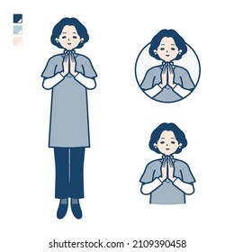 Middle-aged woman in a tunic with press hands in prayer images.It's vector art so it's easy to edit.