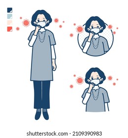 Middle-aged woman in a tunic with Put on a mask and cough images.It's vector art so it's easy to edit.