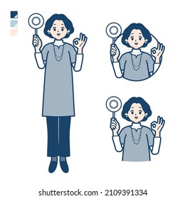 Middle-aged woman in a tunic with Put out a circle panel images.It's vector art so it's easy to edit.