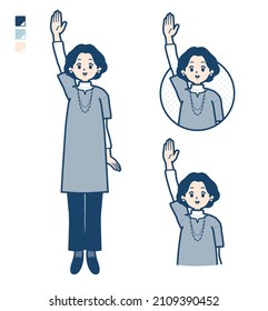 Middle-aged woman in a tunic with raise hand images.It's vector art so it's easy to edit.