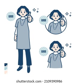 Middle-aged woman in a tunic with Thumbs up images.It's vector art so it's easy to edit.