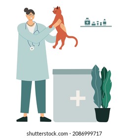 Middle-aged woman veterinarian and a cat in a veterinary clinic, vector illustration