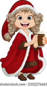 Middle-aged woman wearing a winter Santa Claus coat and holding a beer