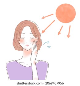 Middle-aged woman who cares about ultraviolet rays. On white background.