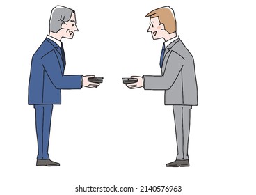 Middle-aged and young businessmen exchanging business cards Comical handwritten person Vector, line drawing and color