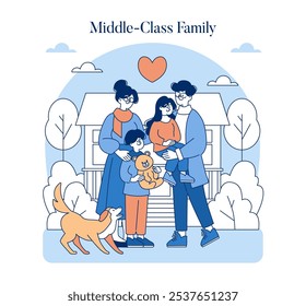 Middle-Class Family concept. A happy family with two parents, a child, and a dog outside their home, united by love. Affectionate, secure home life representation. Vector illustration.