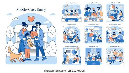 Middle-Class Family set. Daily life activities, from home to work, celebrating, and managing finances. Moments of bonding, leisure, and tradition. Vector illustration.