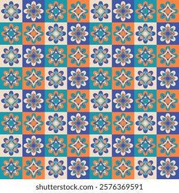Middle-eastern seamless pattern with colorful geometric floral Arabic arabesque in teal, orange, beige, blue. Islamic geometric patterns, endless background, wallpaper with a modern, festive aesthetic