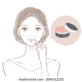 Middle-old woman caring for lips with lip scrub. On a white background.