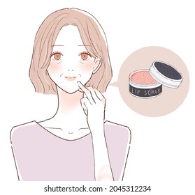 Middle-old woman caring for lips with lip scrub. On a white background.